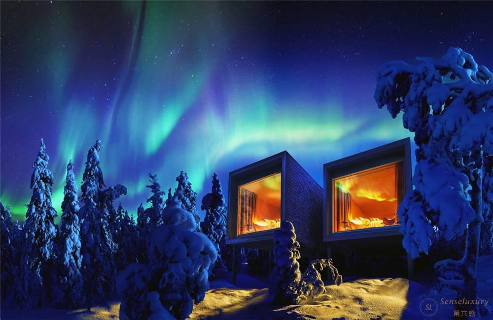 芬兰罗瓦涅米北极树玻璃雪屋外景